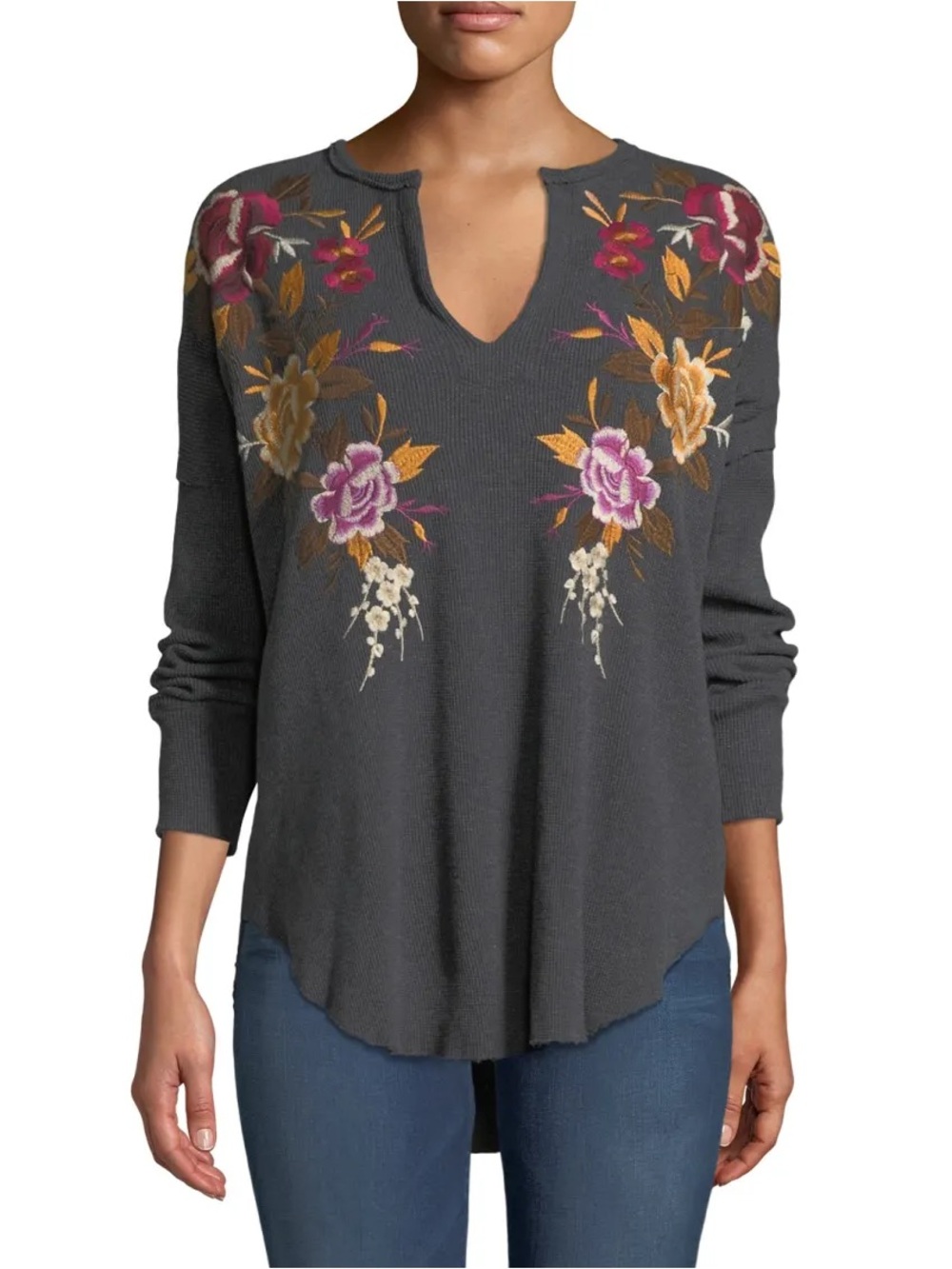 Johnny Was Gray Thermal Waffle Weave Top Sweater With Floral Embroidery Petite M